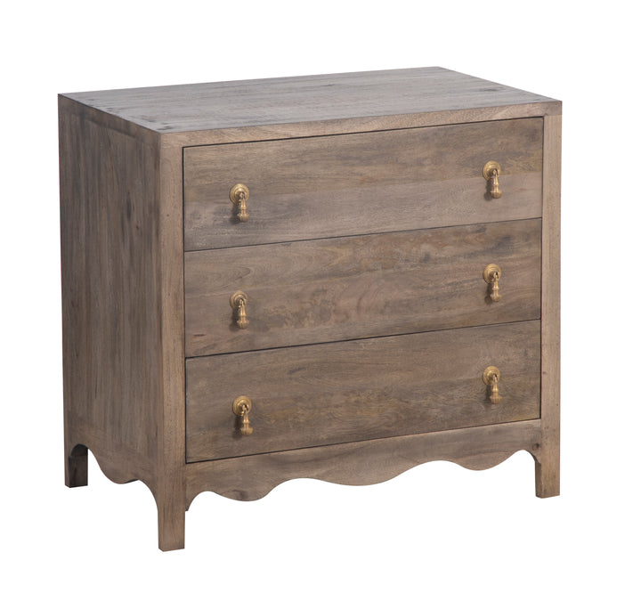 Brown Wooden Eleanor Chest with three drawers seen from the front on a white background