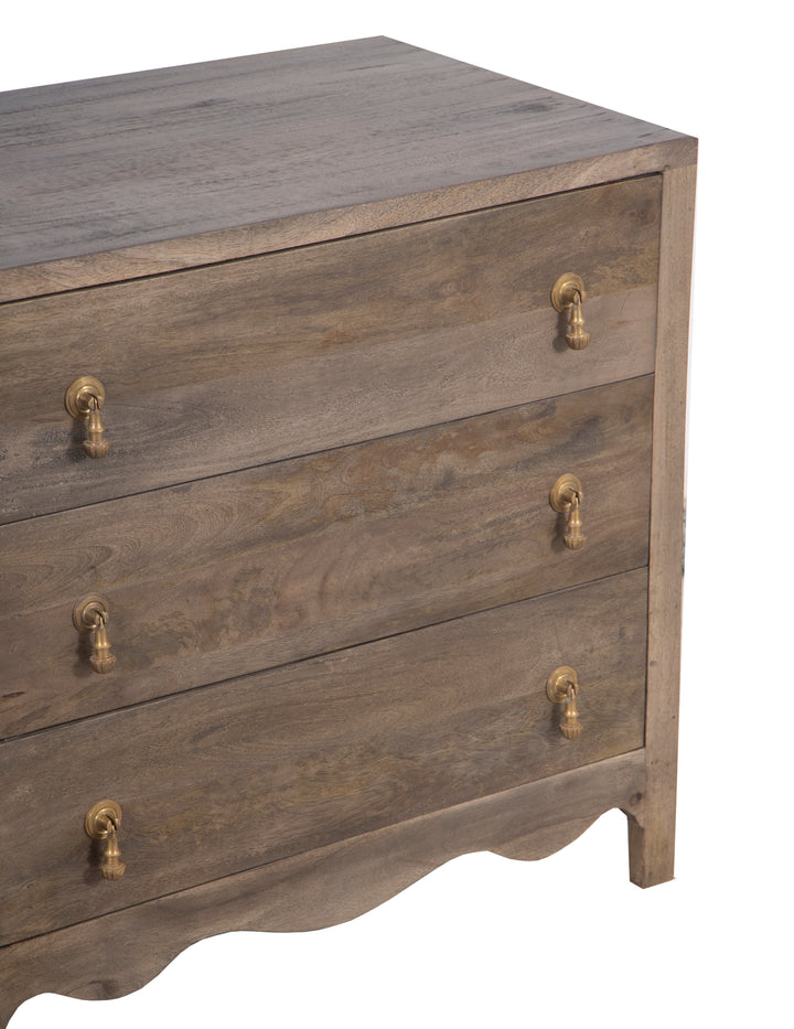 Brown Wooden Eleanor Chest with three drawers with a closeup view on a white background