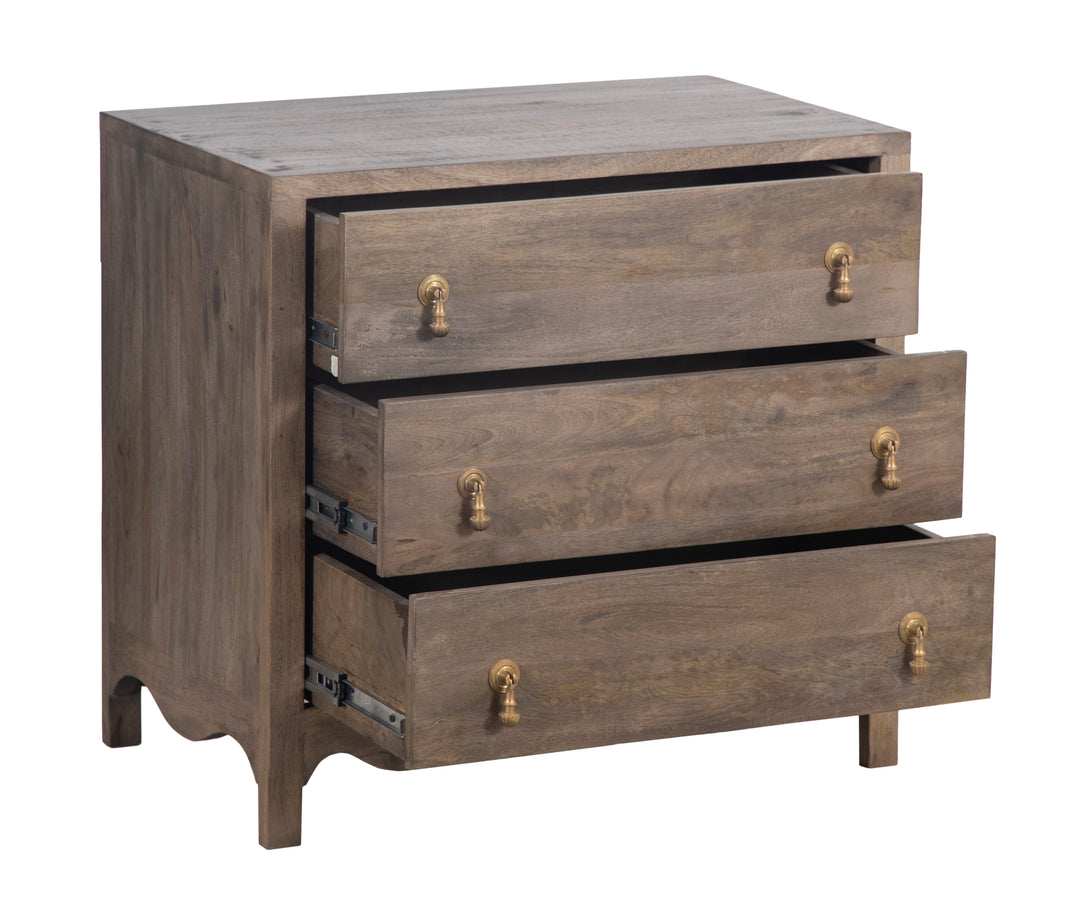 Brown Wooden Eleanor Chest with all drawers opened on a white background