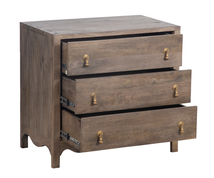 Brown Wooden Eleanor Chest with all drawers opened on a white background