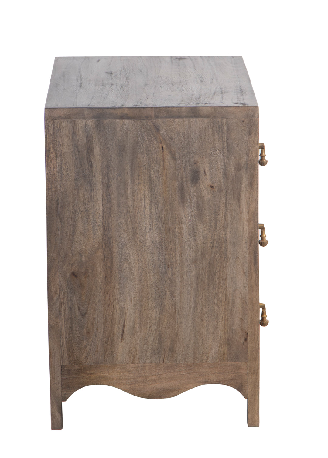 Brown Wooden Eleanor Chest with three drawers seen from the side on a white background