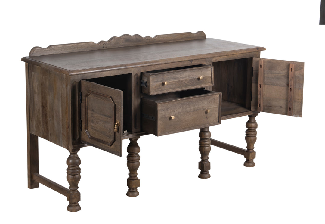 Brown Jacobean Buffet with all drawers and cabinets opened on a white background