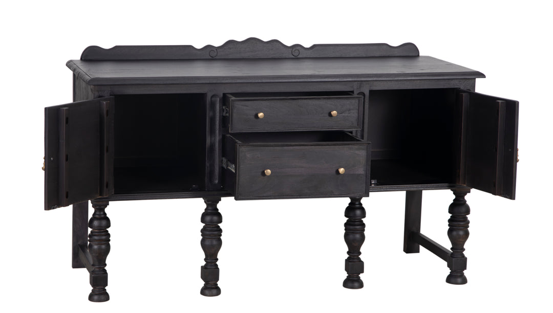 Black Jacobean Buffet with all drawers and cabinets opened on a white background