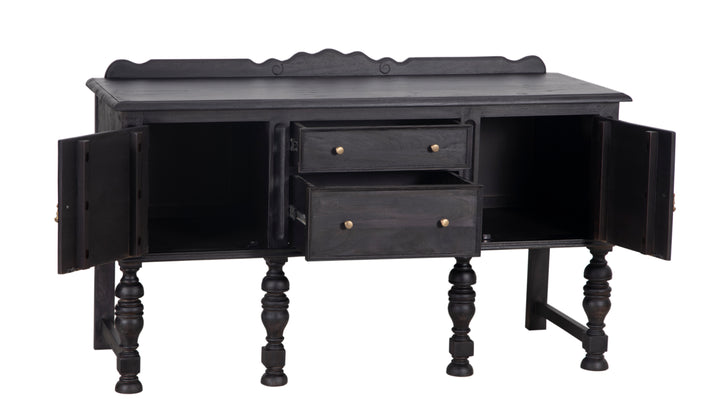 Black Jacobean Buffet with all drawers and cabinets opened on a white background