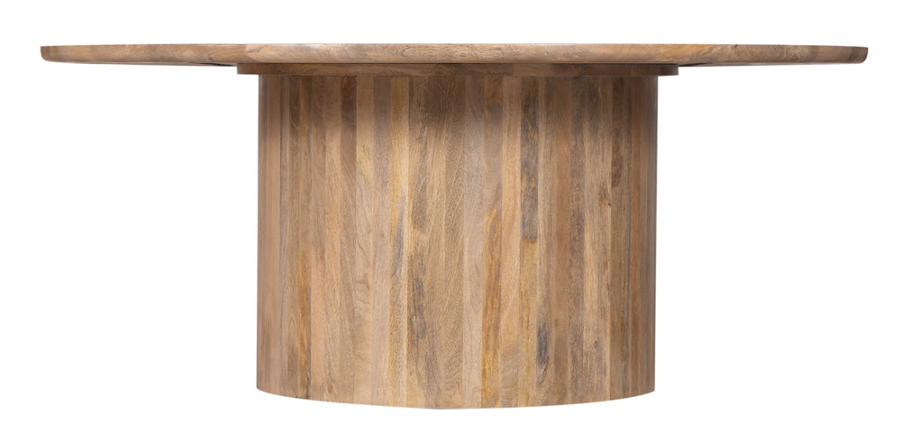 Brown Oslo Pedestal Round Dining Table seen from side on white background
