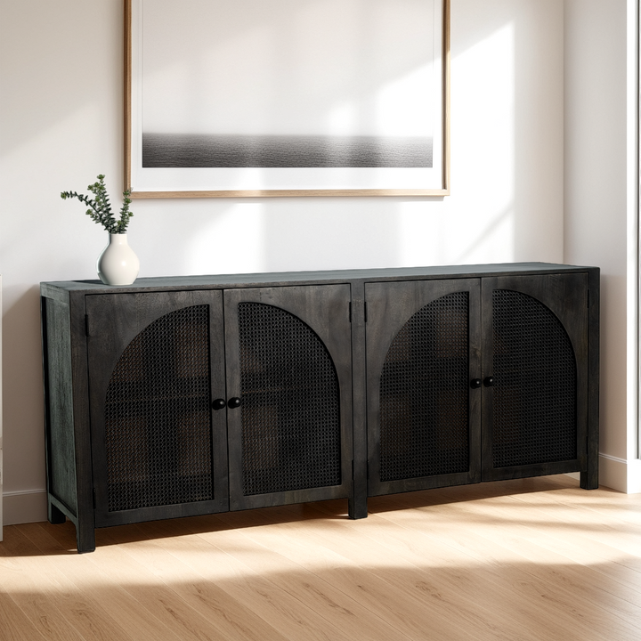 The Tilda Sideboard in Washed Black Finish and Rattan Doors