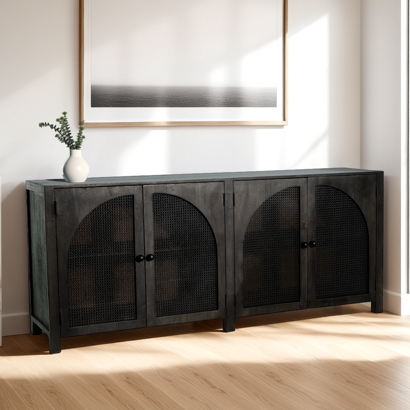 The Tilda Sideboard in Washed Black Finish and Rattan Doors