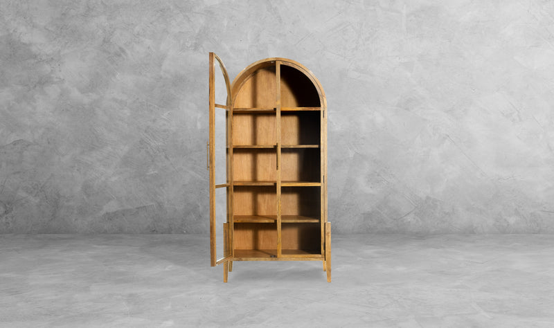 The Fox & Roe Tolle Display Cabinet with Drawer Storage in Distressed Walnut Finish