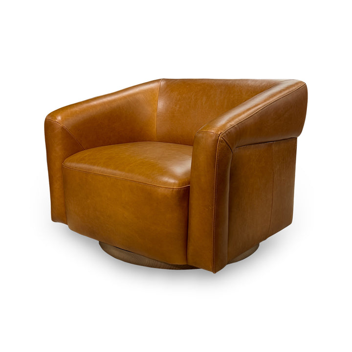 The Fox & Roe Dana Swivel Chair in Concord Camel Leather & Wood Finish