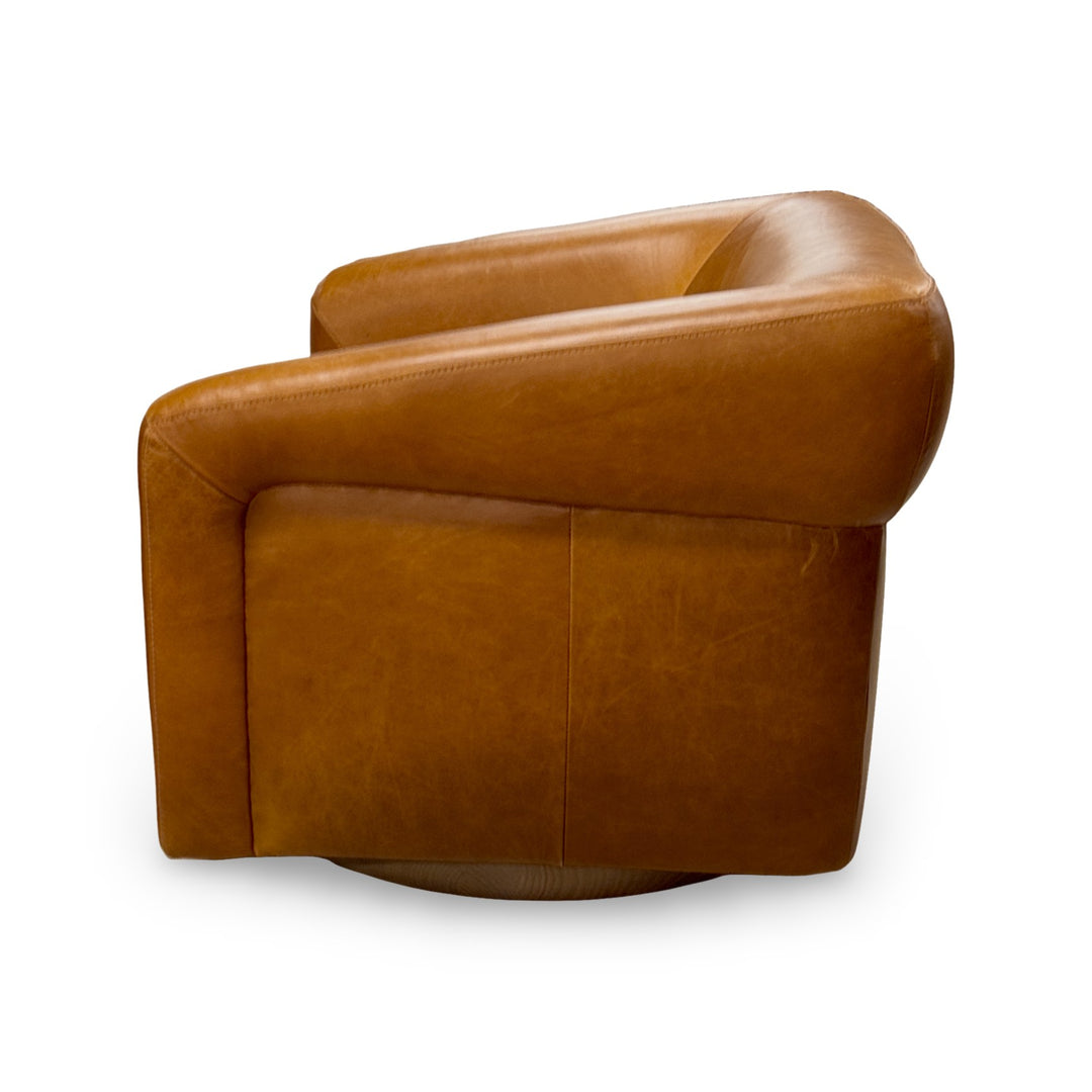 The Fox & Roe Dana Swivel Chair in Concord Camel Leather & Wood Finish