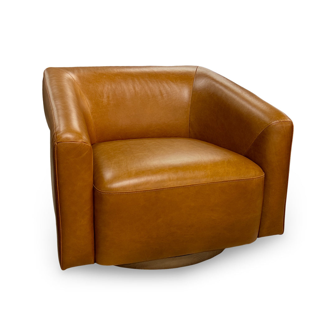 The Fox & Roe Dana Swivel Chair in Concord Camel Leather & Wood Finish