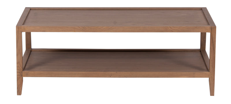 The Fox & Roe French Contemporary Rectangular Coffee Table in Red Oak with Oak Veneer Top and Grey Wash Oak Finish