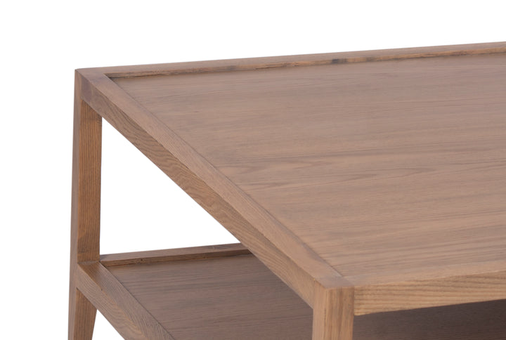 Brown French Contemporary Square Coffee Table with top closeup view on white background