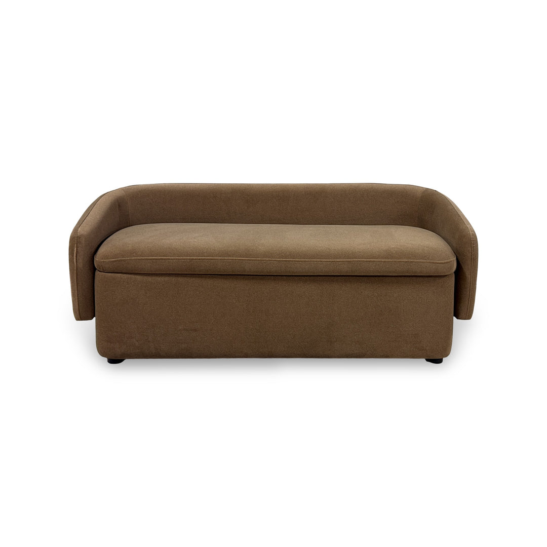Brown Modern Upholstered Bench front view in white background.