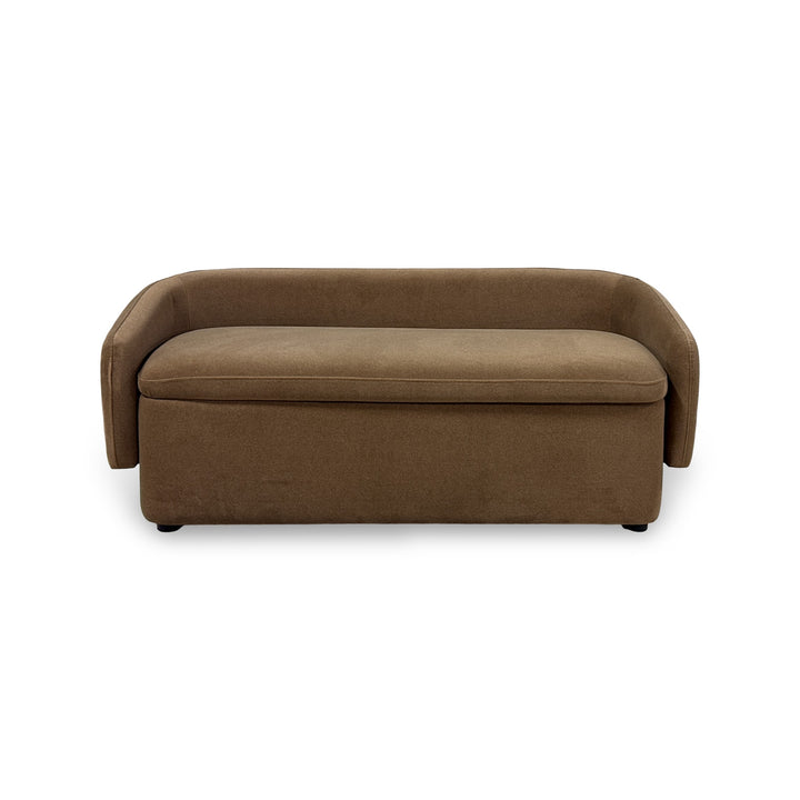 Brown Modern Upholstered Bench front view in white background.