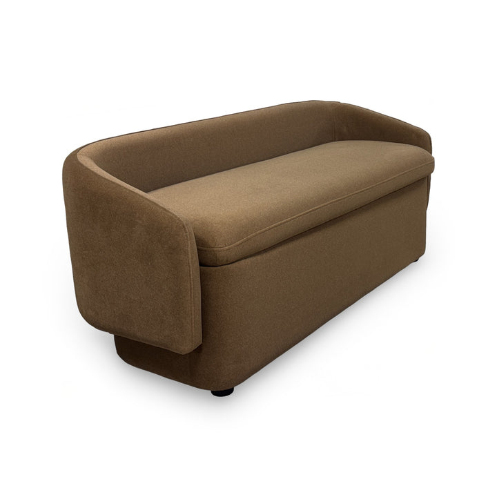 Brown Modern Upholstered Bench side view in white background.