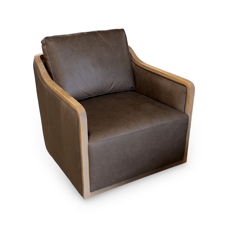 The Fox & Roe Newport Leather & Wood Trim Swivel Chair in Concord Pewter & Wood Finish