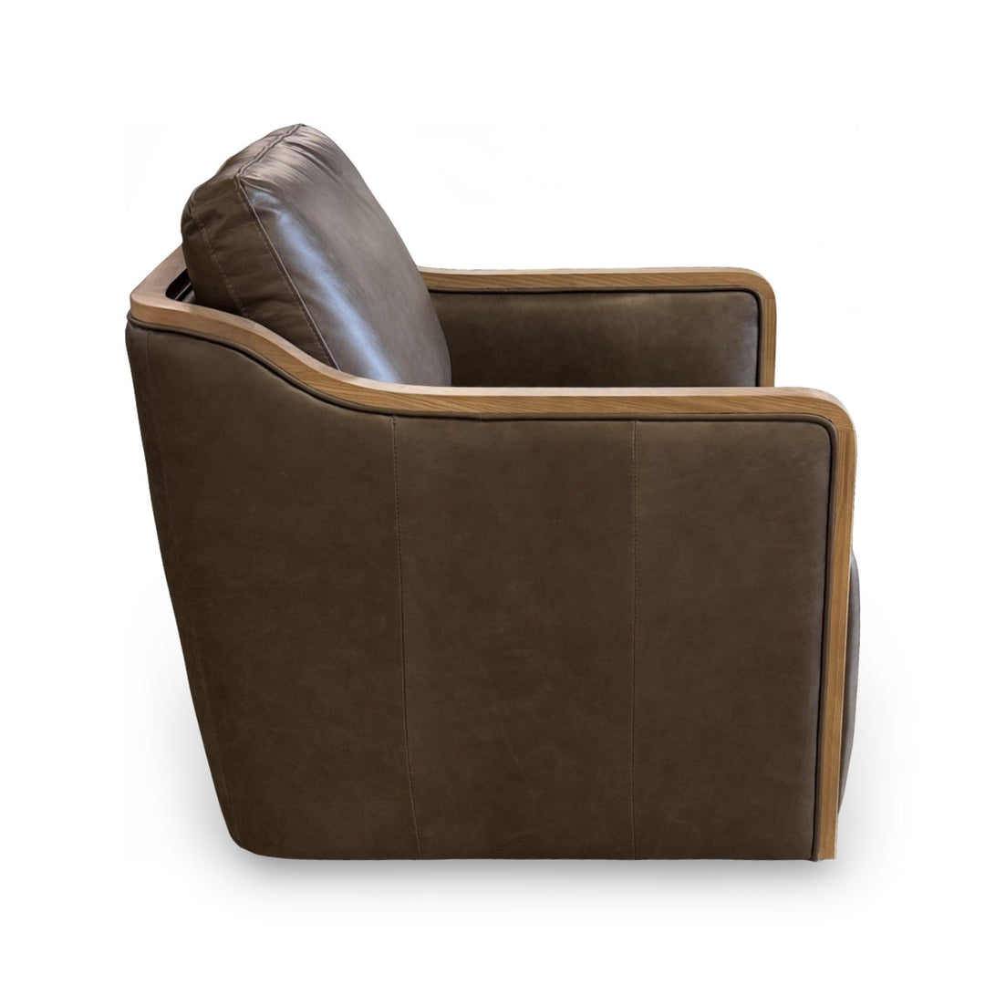The Fox & Roe Newport Leather & Wood Trim Swivel Chair in Concord Pewter & Wood Finish