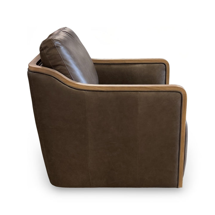 The Fox & Roe Newport Leather & Wood Trim Swivel Chair in Concord Pewter & Wood Finish
