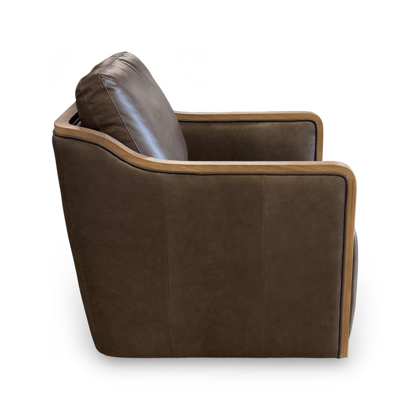 The Fox & Roe Newport Leather & Wood Trim Swivel Chair in Concord Pewter & Wood Finish