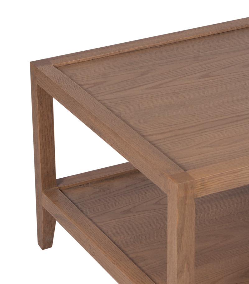 The Fox & Roe French Contemporary Rectangular Coffee Table in Red Oak with Oak Veneer Top and Grey Wash Oak Finish