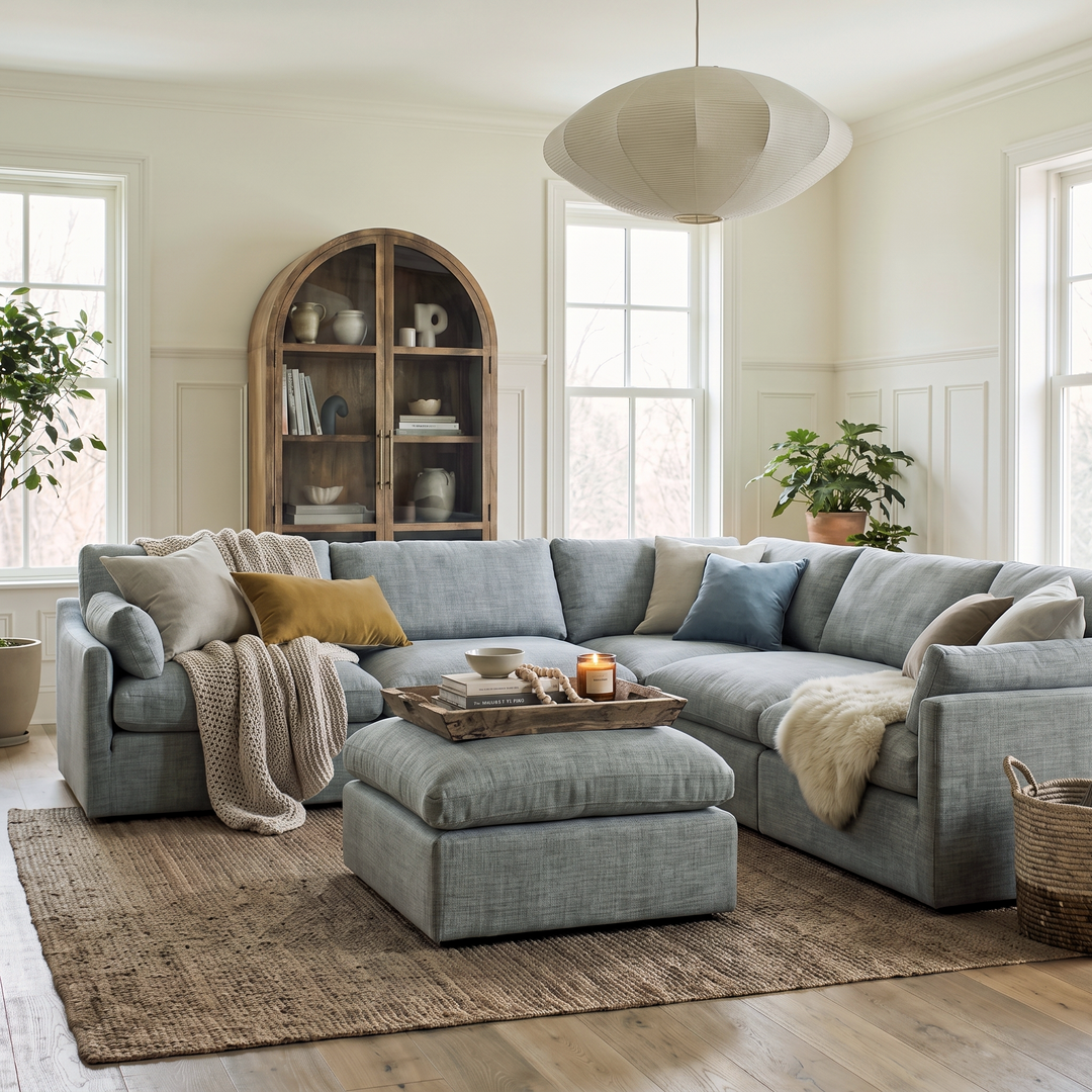 Modern living room with a light blue sectional sofa, wooden arched cabinet, and neutral decor in a bright, airy space.