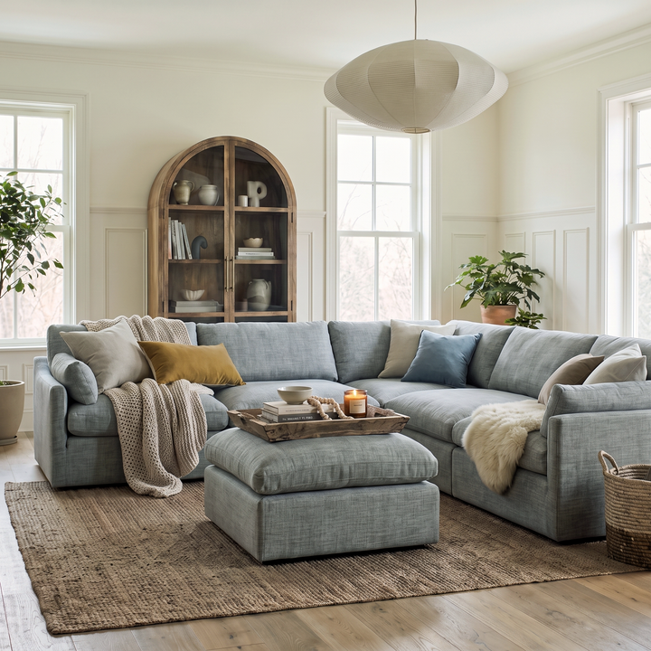 Modern living room with a light blue sectional sofa, wooden arched cabinet, and neutral decor in a bright, airy space.