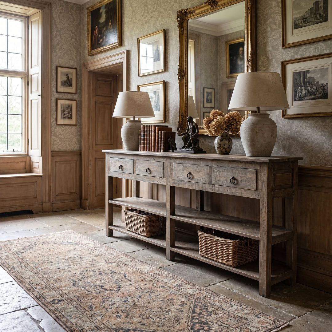 Elegant rustic entryway featuring a wooden console table, vintage decor, framed art, and a patterned rug in a classic home.