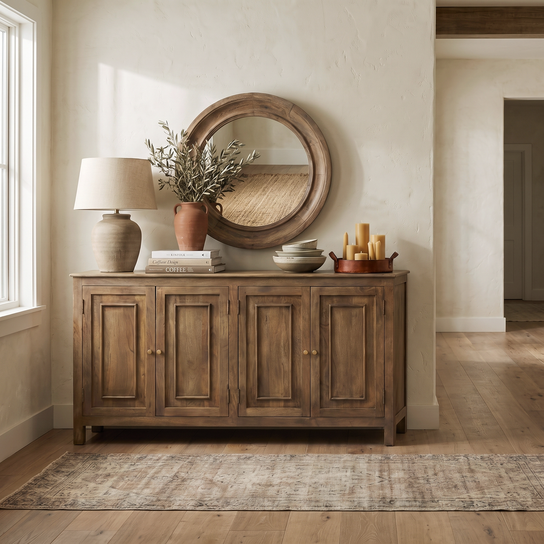 Rustic entryway featuring a wooden sideboard, round mirror, lamp, and neutral decor in a warm, minimalist home interior.