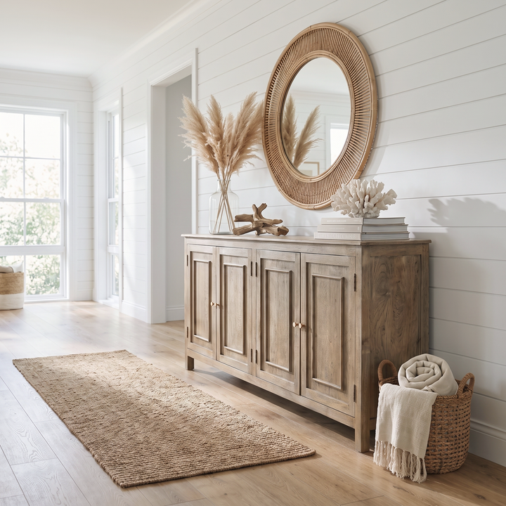 Coastal entryway featuring a wooden sideboard, rattan mirror, pampas grass, and a jute rug in a bright, modern farmhouse home.
