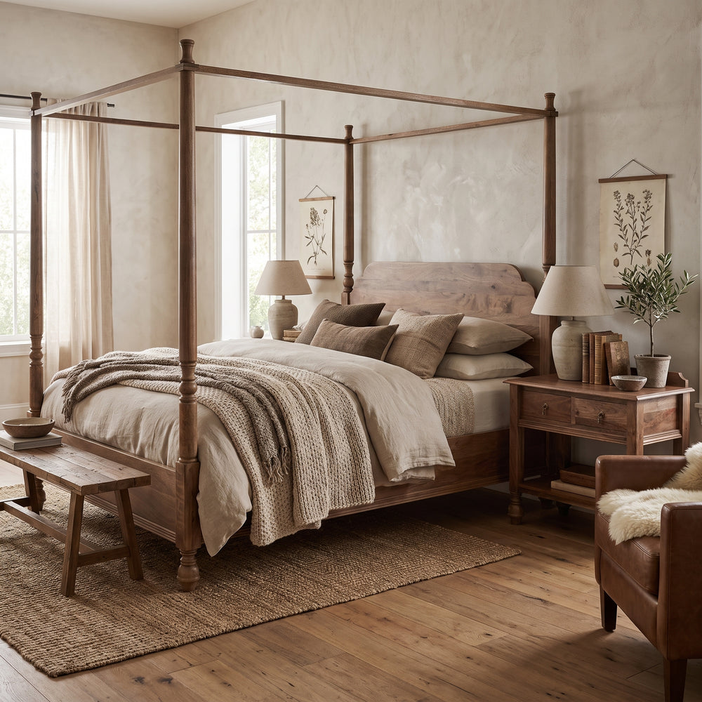 Rustic farmhouse bedroom featuring a wooden canopy bed, neutral bedding, warm earth tones, and cozy natural textures.