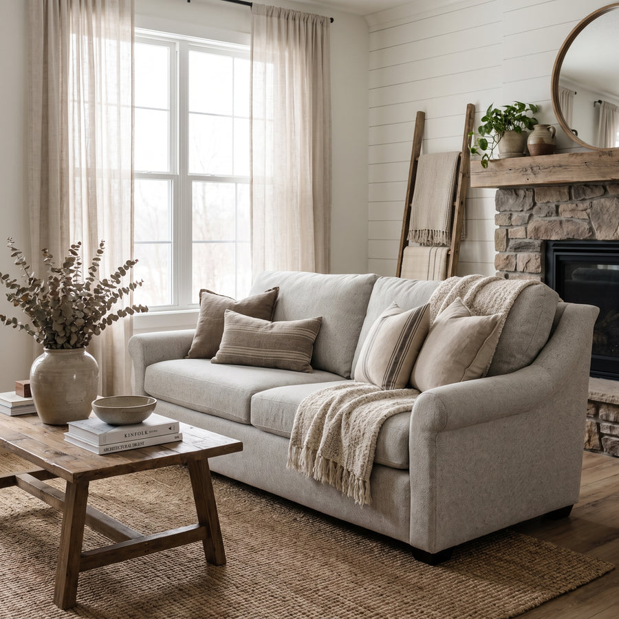 Cozy farmhouse living room featuring a neutral sofa, stone fireplace, wooden coffee table, and soft, natural textures.