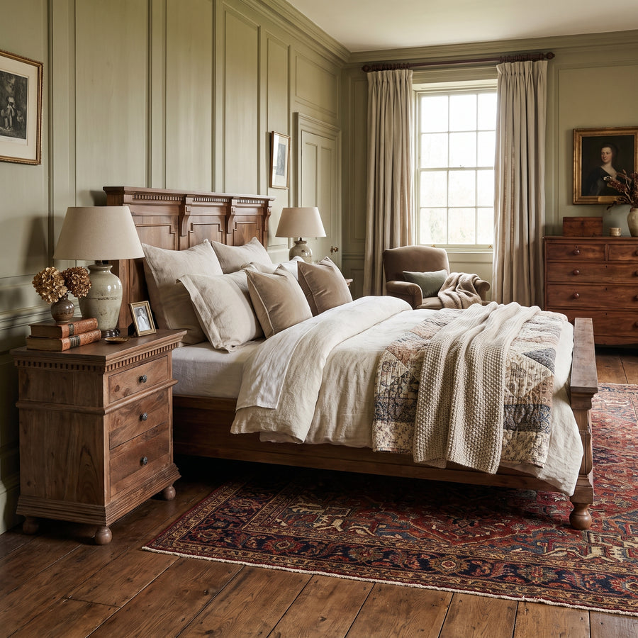 Traditional bedroom featuring a wooden bed, nightstand, and vintage rug in a cozy, sage green paneled room.