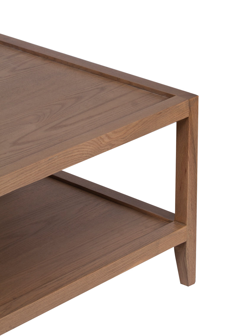 The Fox & Roe French Contemporary Rectangular Coffee Table in Red Oak with Oak Veneer Top and Grey Wash Oak Finish