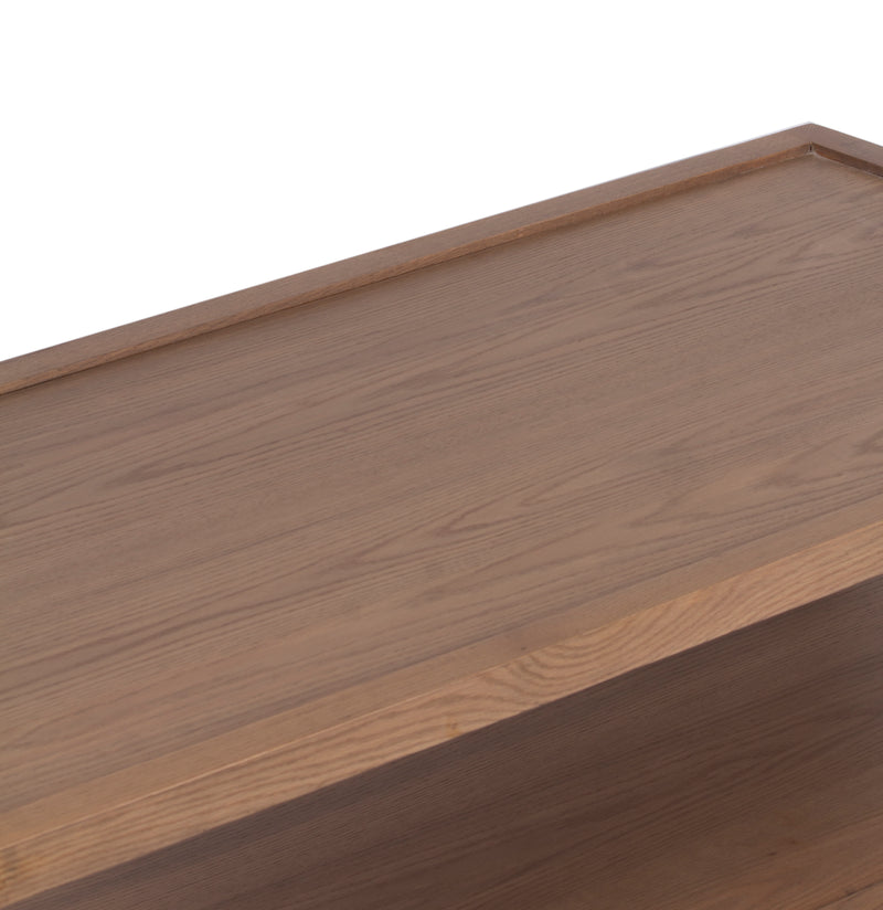 The Fox & Roe French Contemporary Rectangular Coffee Table in Red Oak with Oak Veneer Top and Grey Wash Oak Finish