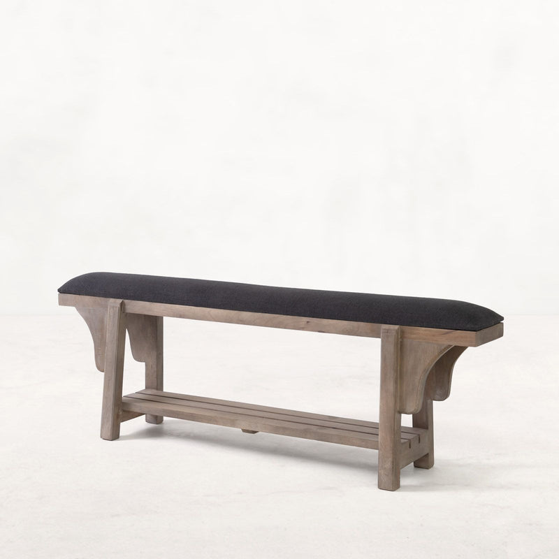 The Fox & Roe Narrow Boot Bench in Salvage with Charcoal Fabric Seating