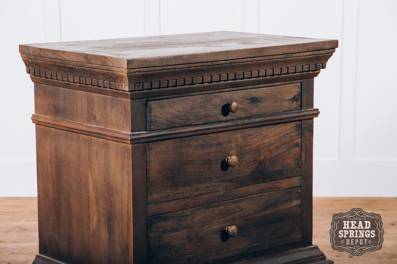 The Saint James 3 Drawer Night Stand finished in Wire Brushed Salvage